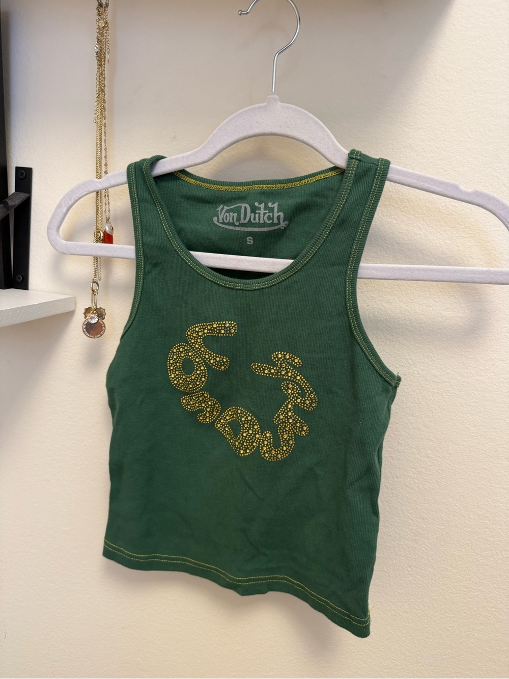 Von Dutch Dark Green Tank with Gold Rhinestone Logo